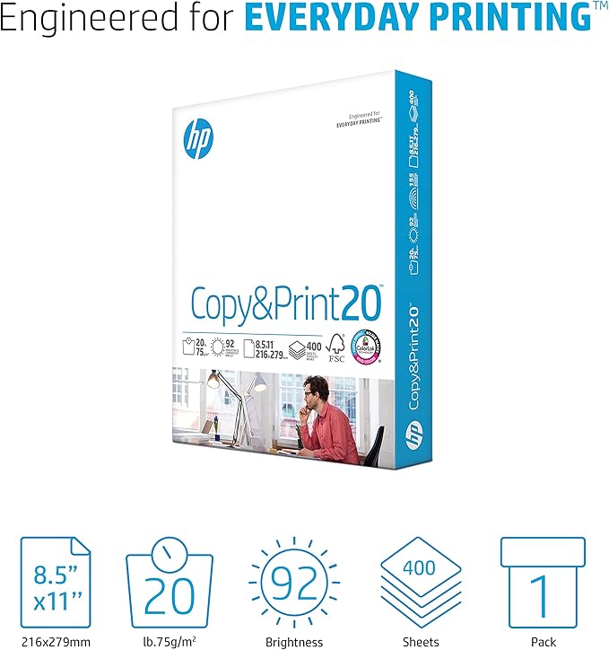 HP Printer Paper | 8.5 x 11 Paper | Copy &Print 20 lb | 1 Pack - 400 Sheets | 92 Bright | Made in USA - FSC Certified | 200010R