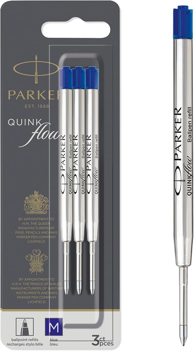 Parker Quink flow Ballpoint Pen Ink Refills Medium Tip Blue 3 Count