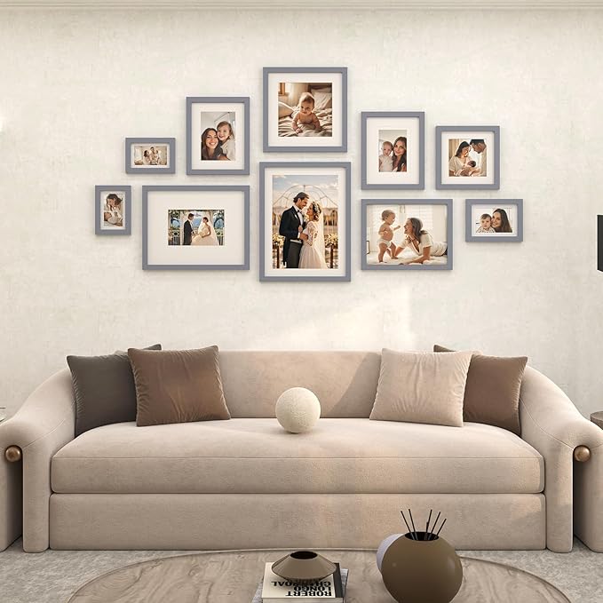 Egofine 8x8 Picture Frames 4 Pack for Picture 4x4 with Mat or 8x8 whitout Mat Made of Solid Wood Covered by Plexiglass for Table Top Display and Wall Mounting Photo Frame, Dark Gray