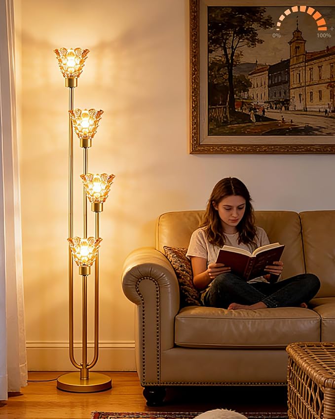 Lightdot Amber Glass Floor Lamp Dimmable 4-Lights Gold with Glass Shade 3000K Bulbs Included Mid Century Modern Standing Tall Lamp for Living Room/Bedroom/Sofa Beside/Corner Decor
