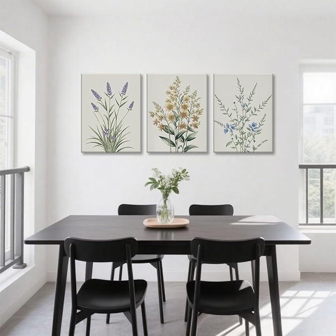 TUEASKY 3 Piece Canvas Wall Art Wildflower Wall Decor Botanical Pictures Floral Paintings Watercolor Prints Minimalist Artwork for Bedroom Bathroom Living Room