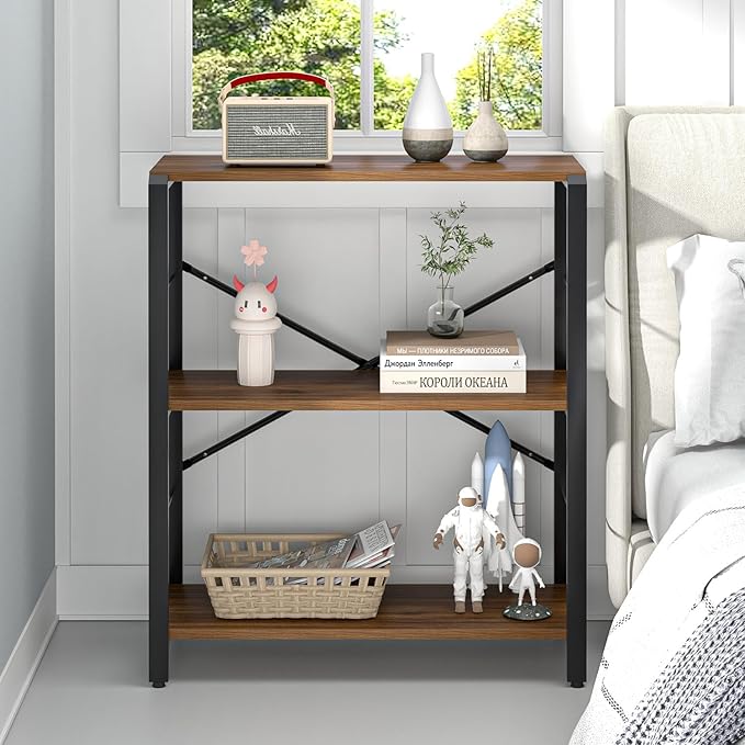 FOLUBAN Small Bookshelf, 3 Tier Rustic Book Shelf with Storage, Industrial Low Short Bookcases for Office, Bedroom and Living Room, Rustic Walnut