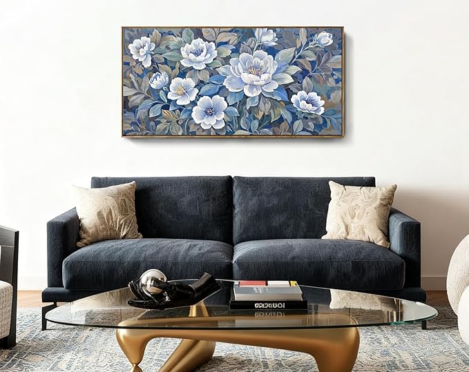 amatop Large Living Room Wall Decor - Floral Canvas Wall Art, Framed Art work, Modern Style Print, Blue Art Decor Picture For Bedroom Dining Room Office 48X24