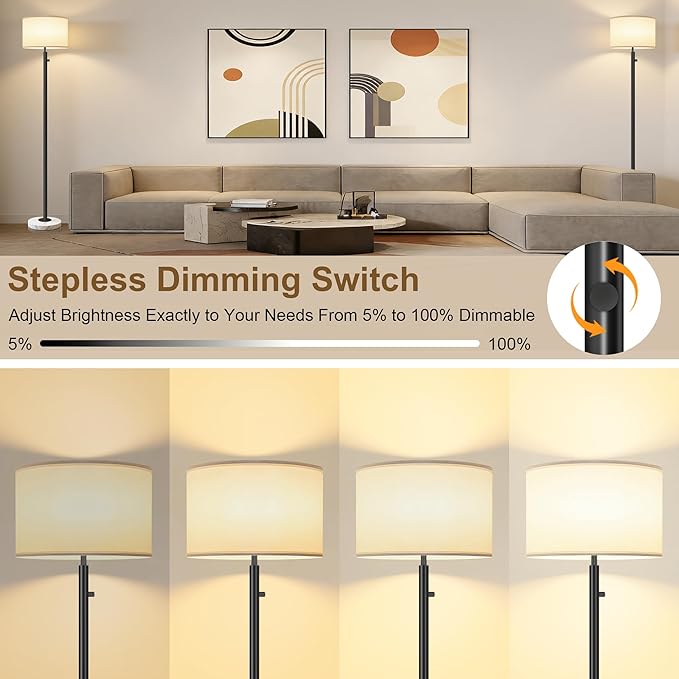 Floor Lamps for Living Room–LED Bulb Included,Dimmable Floor Lamp with Linen Shade,Modern Standing Lamp with Marble Base,Tall Floor Lamp for Bedroom,Nursery,Reading & Office,Black