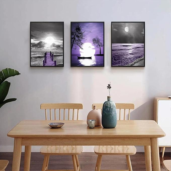 Black Framed Wall Decorations For Living Room Wall Art For Bedroom Modern Office Wall Decor Black And White Painting Ocean Purple Landscape Pictures Home Decor Artwork of 3 Piece Framed Art Prints