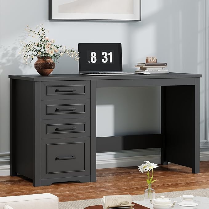 Vabches Farmhouse 49” Executive Desk with File Drawer, 4 Drawers Reversible Computer Desk with Storage, Rustic Home Writing Workstation for Home Office.Black