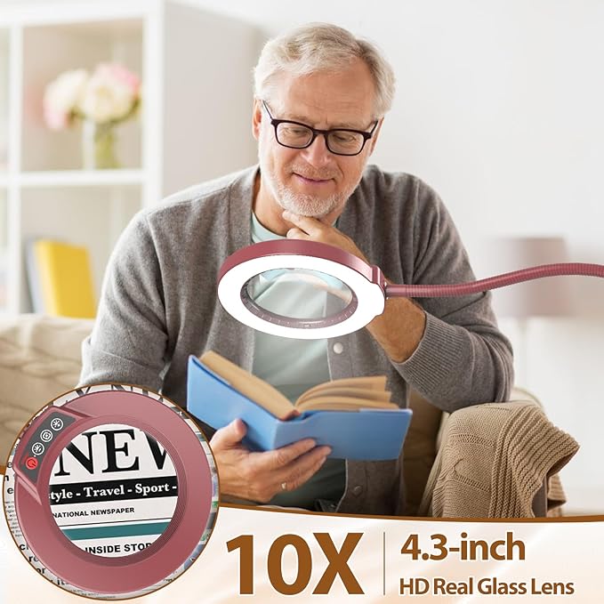 10X Magnifying Glass with Light and Stand, 24" Flexible Gooseneck Magnifying Floor Lamp, 3-in-1 LED 5 Color Modes Stepless Dimmable Lighted Magnifier Hands Free for Close Work, Reading - Red