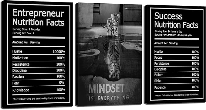 Mindset is Everything Wall Art Motivational Canvas Painting Wall Art Poster Prints Entrepreneur Bundle Set 3 Pieces Success Nutrition Facts (72" W x 36" H, Mindset)