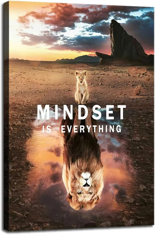 Inspirational Canvas Wall Art Painting Small Cat and Big Lions Mindset is Everything Animal Poster Prints Pictures Artwork Home Decor Office Framed Ready to Hang[12" W X 18" H]