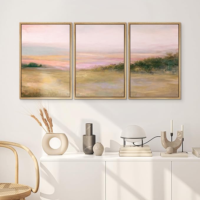 SIGNWIN Framed Canvas Print Wall Art Set Blush Sunset Over Meadow Illustrations Decorative Relax/Calm Zen for Living Room, Bedroom, Office - 24"x36"x3 NATURAL