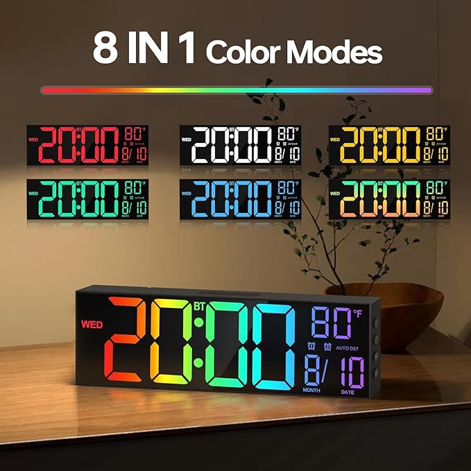 JALL 16.2" Large Digital Wall Clock with Bluetooth Sync, RGB Digital Clock Large Display with Auto DST, Wall Clock for Classroom Bedroom Gym Office, Led Clock for Seniors (Black)