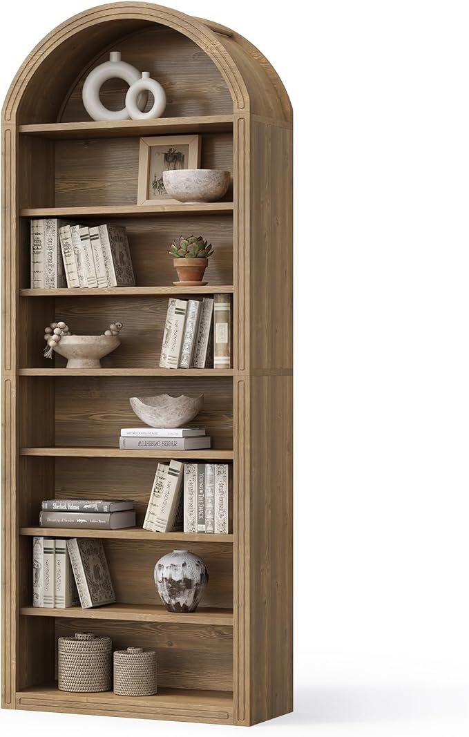 LITTLE TREE 8-Tier Bookcase, 78.7" Tall Bookshelf with Arched Top, Large Freestanding Wooden Open Bookcase Bookshelf, Modern Display Book Shelf for Living Room, Bedroom, Office, Library, Vintage Brown