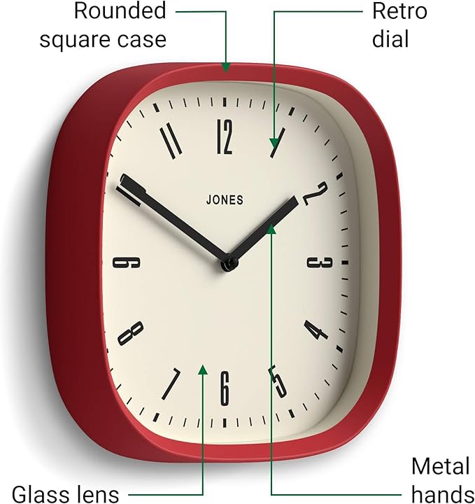 JONES CLOCKS® Marvel wall Clock | Modern Retro Rounded Square Clock | 10 inch | Cool Designer Look for Kitchen, Living Room or Office