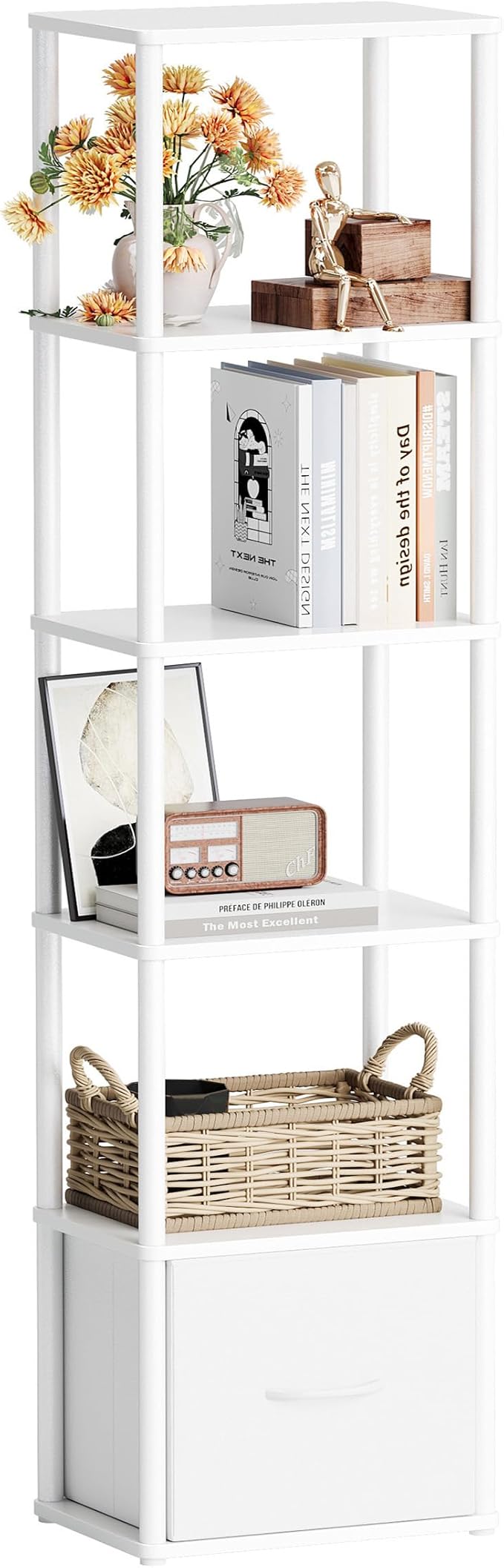 6-Tier Bookshelf Organizer, Narrow Bookcase,Tall Skinny Bookshelves, Standing Ladder Shelf with Drawer, Small Book Shelf with Storage for Living Room, Bedroom, Office, Study White HBC505W