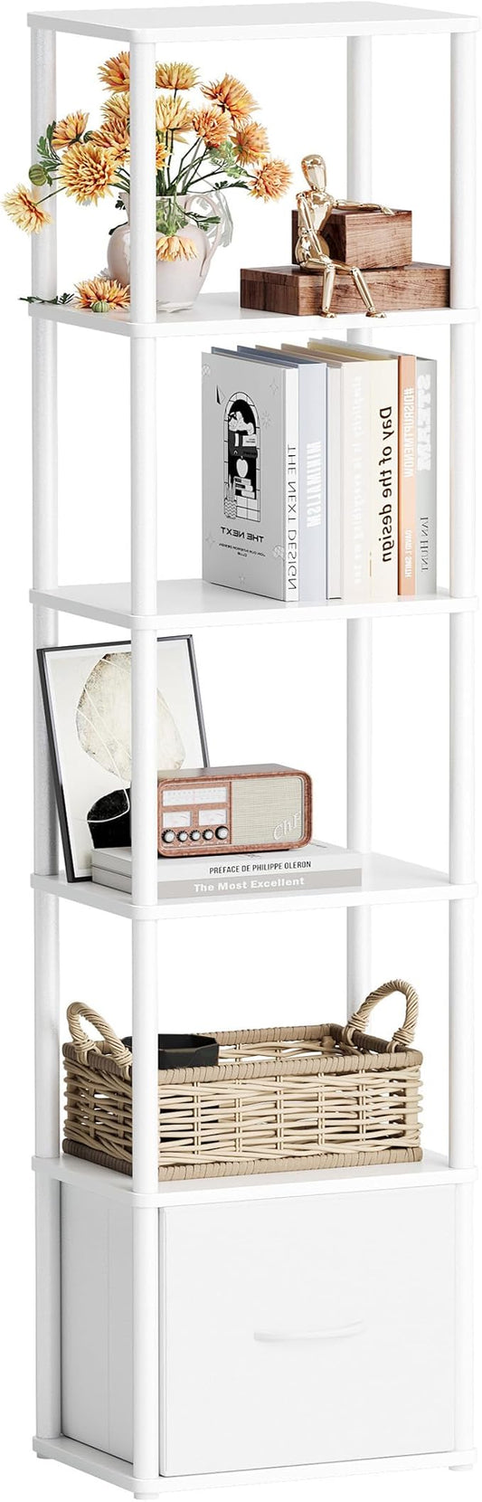 6-Tier Bookshelf Organizer, Narrow Bookcase,Tall Skinny Bookshelves, Standing Ladder Shelf with Drawer, Small Book Shelf with Storage for Living Room, Bedroom, Office, Study White HBC505W