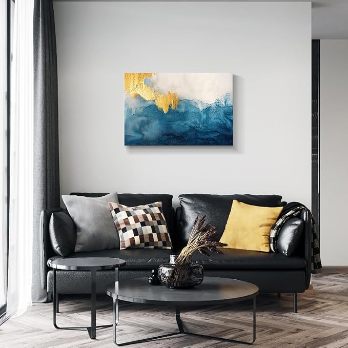 gaosoul Modern Canvas Wall Art Blue Gold Leaf Abstract Painting Prints Minimalism White and Light Blue Tranquility Poster for Living Room Bedroom Office Decor Framed 30x20in