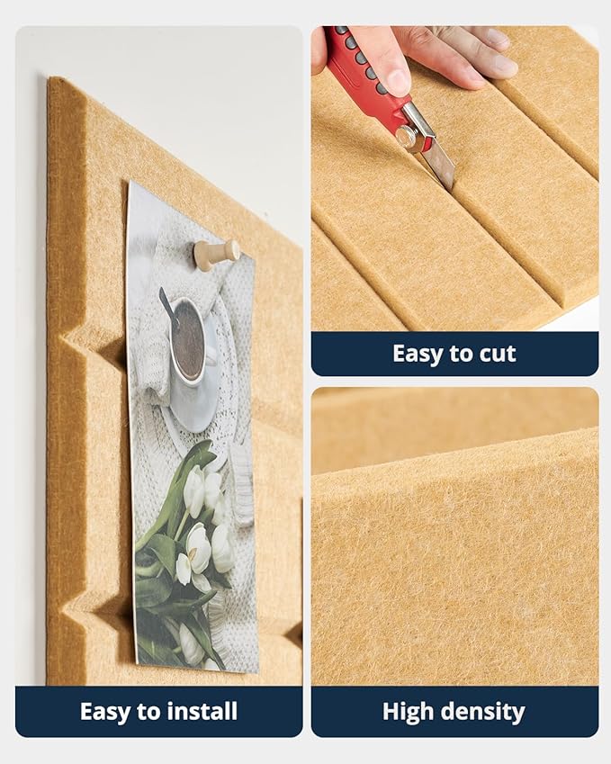 Large Cork Board, 12 Pack 12"X12"X0.4" Felt Bulletin Board Tiles for Wall Home Office Decor, Pin Cork Boards with 60 Adhesive Tabs Longan Yellow