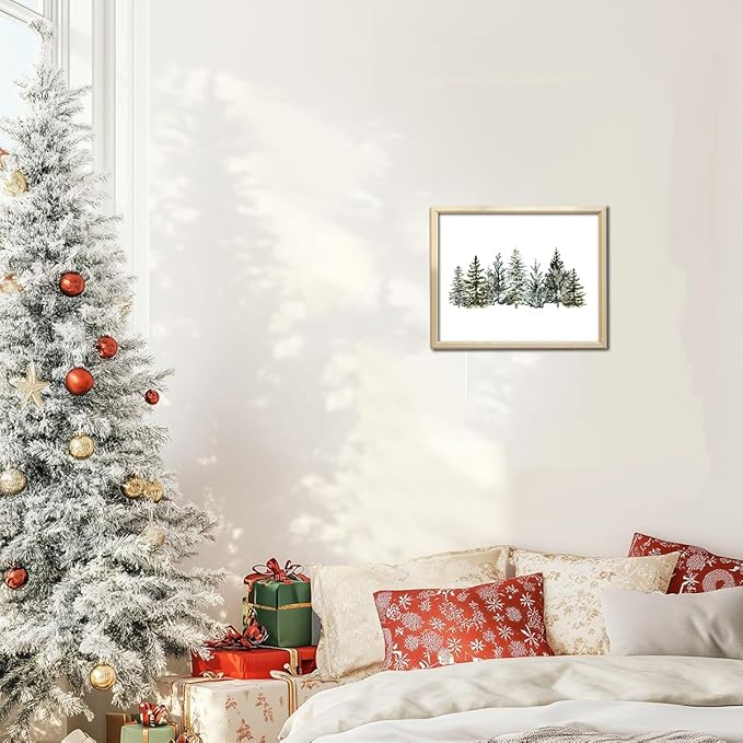 Kizbook Vintage Christmas Tree Wall Decor, Christmas Pine Tree Art Prints Painting, Farmhouse Winter Landscape Xmas Christmas Poster, Christmas Gallery Wall Art Winter Forest Print, Vintage Christmas Decor for Holiday (8"x10"-Unframed)