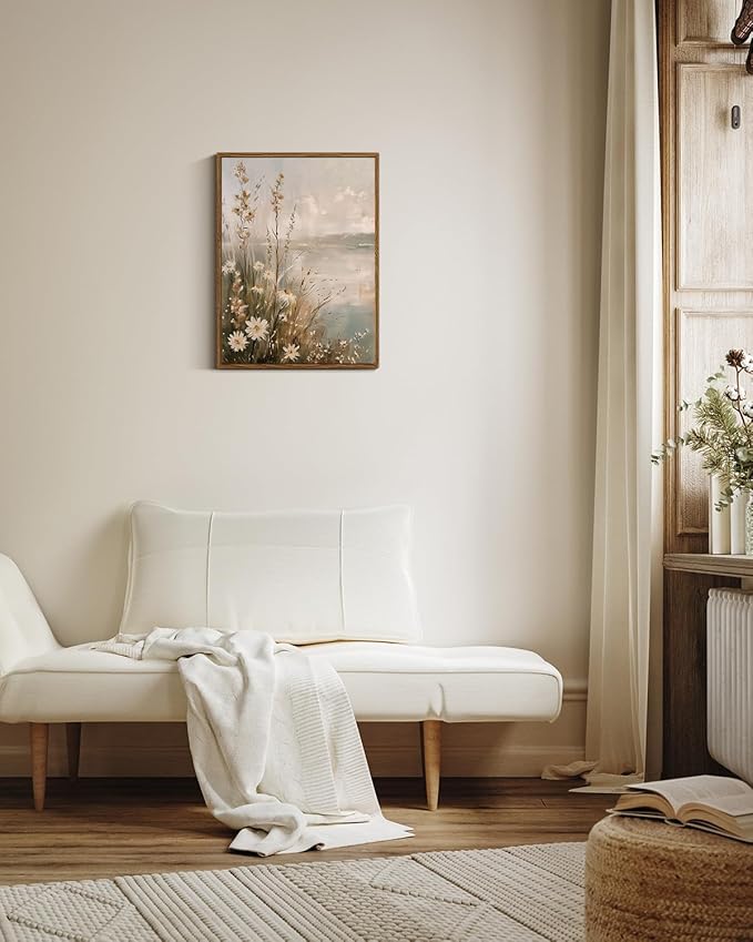 InSimSea Framed Canvas Wall Art Vintage Decor, Wildflowers Landscape Pictures Bathroom Wall Decor Aesthetic, Living Room Bedroom Flower Nature Home Decorations, 12x16inch