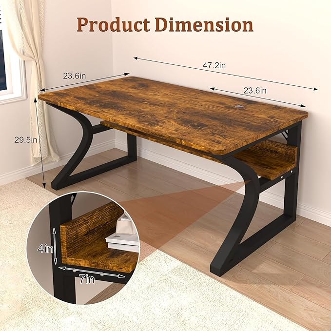 47 inch Computer Desk, Office Desk w/Storage Shelf & Cable Management, Work Table w/Sturdy U-Shaped Metal Frame & Deeper Desktop, Study Writing Desk for Home Office Bedroom (Brown, 47inch)
