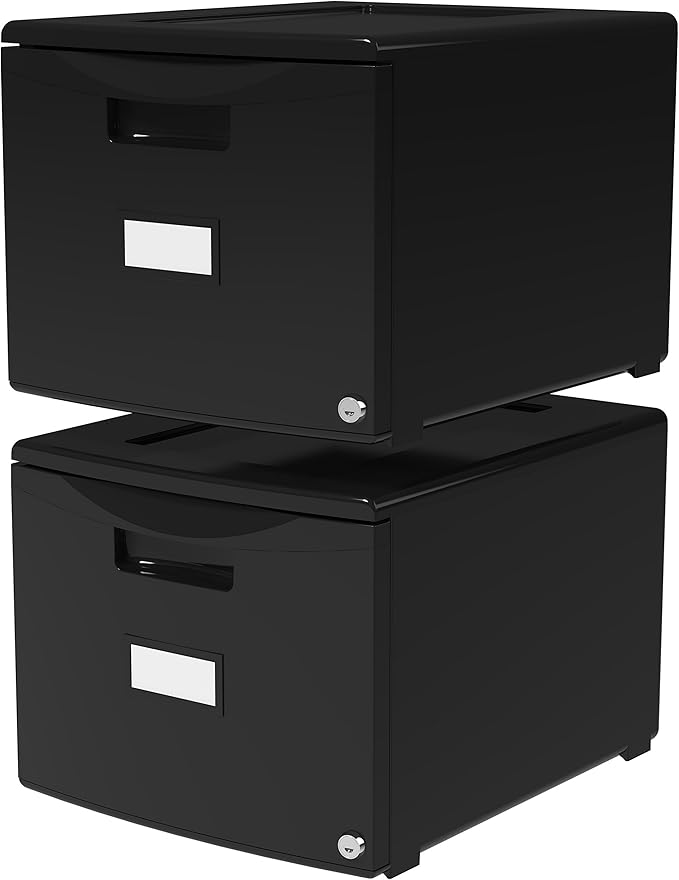 Storex Plastic One-Drawer File Cabinet – Locking Document Organizer for Home and Office, Black, 2-Pack (61265A02C)