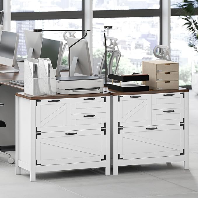 HOMCOM 4 Drawer File Cabinet, Farmhouse Lateral Filing Cabinet with Adjustable Hanging Rails for Letter/A4/Legal Size Files, Printer Stand for Home Office, White