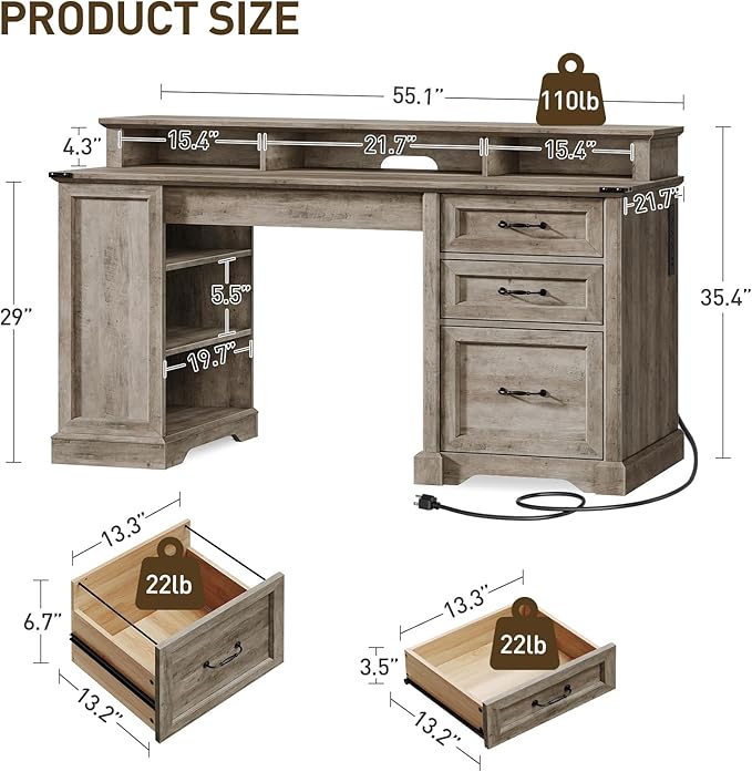 2 Pack 55'' Farmhouse Executive Desk with Drawers, Computer Desk with File Cabinet and Side Bookshelf, Writing Gaming Desk with Monitor Stand, Greige