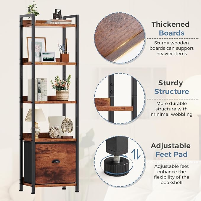 DUMOS 5 Tier Bookshelf, Bookcase with Fabric Drawer, Multi-Functional Display Standing Shelf for CDs/Books/Movies, Wood and Metal Storage Organizer in Bedroom, Living Room and Closet, Rustic Brown