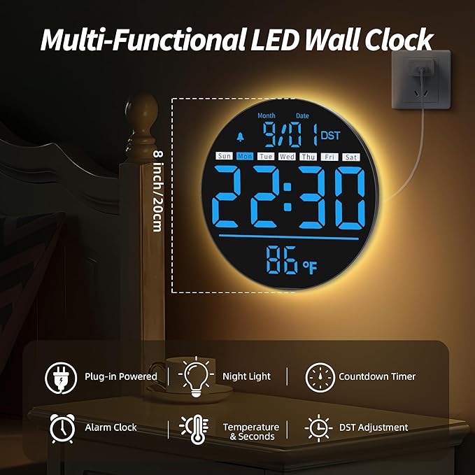 Maxstar Led Digital Wall Clock with Timer, Seconds, Temperature, Date, DST, Nightlight, Alarm Clock, 5-Level Display Brightness, Digital Clock Timer for Classroom, Bedroom, Garage, Gym,Blue
