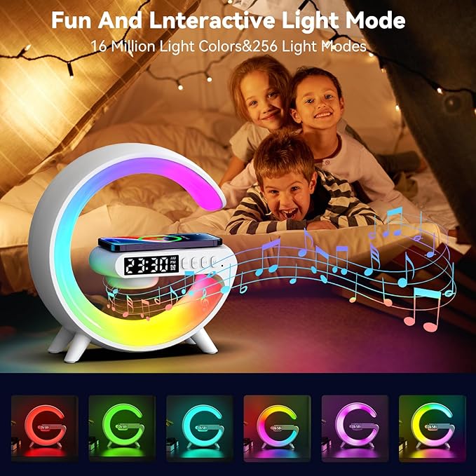 4-in-1 Wireless Charger Atmosphere Lamp, Bluetooth Speaker, LED Dimmable Night Light Table Lamp, Alarm Clock, Ideal Birthday Gift Room Decor (White, Key Control)