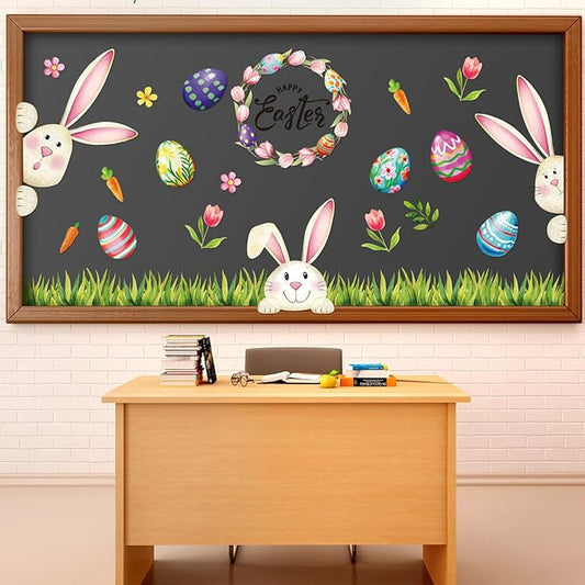 Vintage Easter Bulletin Board Set Happy Easter Classroom Decorations with Grass Border Trim Colorful Bunny Egg Cutouts for Spring Classroom Home Party Wall Decor