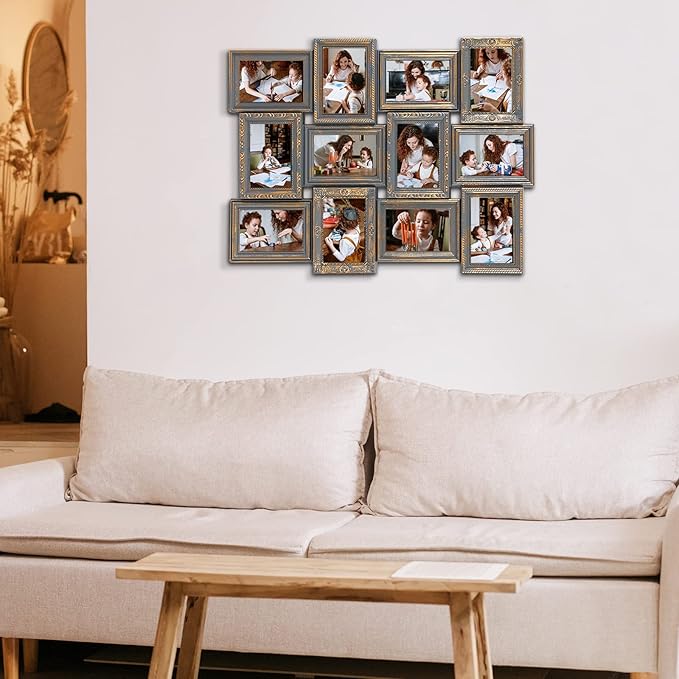 HELLO LAURA - Photo Collage Frame 12 Opening Vintage Collage Picture Frames 18" x 25" Wall Hanging Photo Frame Display 4" x 6" Photos Rusted Gold Edge | Gallery Collection Style