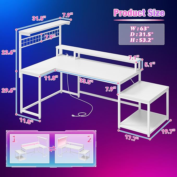 EnHomee 63" L Shaped Gaming Desk with LED Lights & Power Outlets,Reversible Corner Gaming Table with Storage Shelf & Hooks,Computer Desk with Monitor Stand & Print Stand for Bedroom,Home Office,White