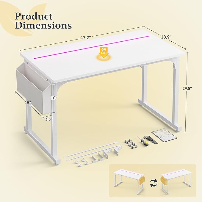 48 Inch White Computer Desk with LED Lights, Office Desk with Storage Bag for Home Office, Gaming Desk with Headphone Hook for Study Writing Work Desk,Sturdy Metal Frame