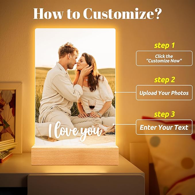 Personalized Picture Frame, Custom Photo Frame with Night Light, Custom Picture Frames, Personalized Anniversary Birthday Gifts for Women Men Her Him Girlfriend Boyfriend Couple