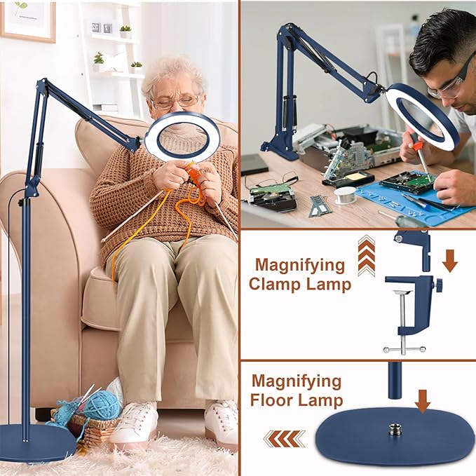 LANCOSC 10X Magnifying Glass with Light and Stand, 3-in-1 Adjustable Swing Floor Lamp, 5 Color Modes Stepless Dimmable, LED Lighted Hands Free Magnifier & Clamp for Reading, Crafts, Painting - Blue