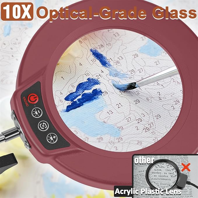 LANCOSC 10X Magnifying Glass with Light and Stand, 3-in-1 Adjustable Swing Floor Lamp, 5 Color Modes Stepless Dimmable, LED Lighted Hands Free Magnifier & Clamp for Reading, Crafts, Painting - Red