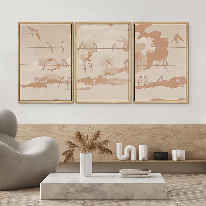 SIGNWIN Framed Canvas Print Wall Art Set Minimal Birds on Wires Neutral Sky Illustrations Modern Art Decorative Nordic Abstract for Living Room, Bedroom, Office - 16"x24"x3 Natural