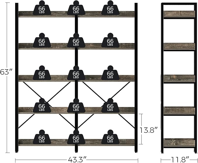 Seventable Bookshelf 5 Tier with 4 Hooks，63”Industrial Wooden Bookcase, Vintage Storage Rack with Open Shelves, Rustic Standing Bookshelves Metal Frame 43.3” Wide Display Rack, Gray