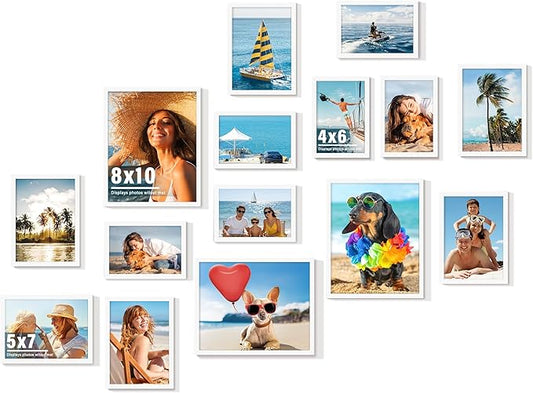 15 Pack Picture Frames Collage Wall Decor, White Frame Set with 3pcs 8x10, 6pcs 5x7, 6pcs 4x6 for Gallery Display, Wall Mounting & Tabletop, Bulk Photo Frames for Living Room Decor