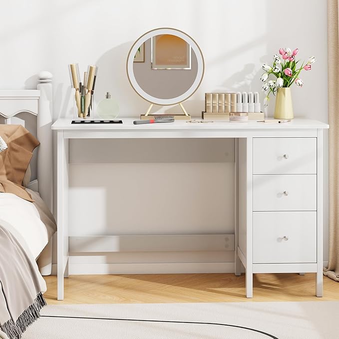 Tangkula White Desk with Drawers, Modern Home Office Computer Desk with Storage Drawers & Spacious Desktop, Compact Writing Study Desk Laptop Desk for Bedroom, Multipurpose Workstation