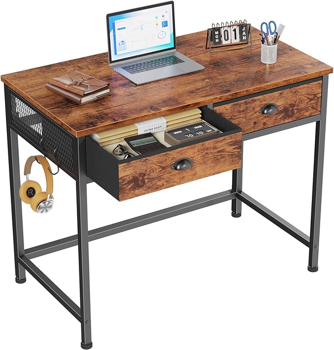 Furologee Small Computer Desk with 2 Fabric Drawers for Bedroom,34 Inch Home Office Writing Desk, Vanity Desk with Hooks, Simple Study Desk for Small Spaces, Makeup Dressing Table, Rustic Brown