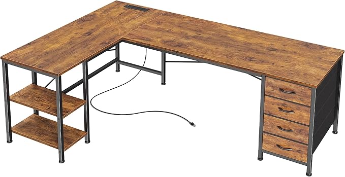Huuger 55 Inch L Shaped Desk with Fabric Drawers, Reversible Computer Gaming Desk with Power Outlets and USB-C Port, Adjustable Side Storage Shelves, for Work Study Corner Home Office, Rustic Brown