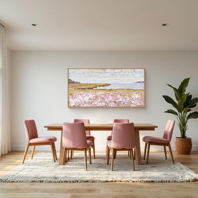 HOURIA Spring Watercolor Pink Floral Coastal Landscape Framed Canvas Wall Art Set,Nature Inspired Wildflower & Meadow Cottage Field Wall Decor,Modern Seaside Beach Artwork for Living Room,Farmhouse-20"x40"x1