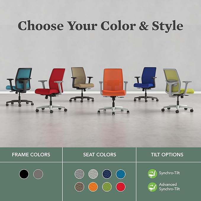 HON Ignition 2.0 Low Back Task Chair, Spectrum Mesh, Standard Synchro-Tilt Control, Office Chair with Lumbar Support, Height and Width Adjustable Arms, Black Frame, Blueberry