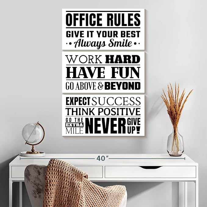 Elephant Stock - Fun Office Rules Wall Art - Vertical Multi Panel Canvas - 3 Piece Living Room Wall Decor - Digital Art Inspirational And Typography Multi Piece Wall Art - White And Black Decor - 20" x 32"