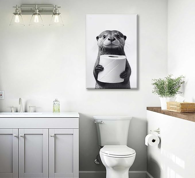 Bathroom Animal Canvas Wall Art Funny Raccoon Wall Decor Black and White Otter Print Picture Farmhouse Bathroom Painting for Restroom Decoration Framed