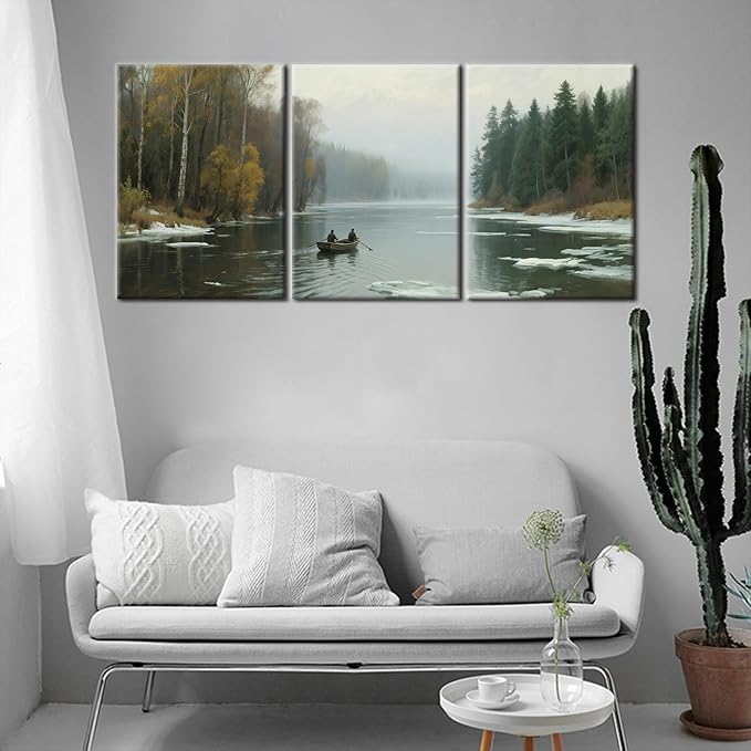 Nature and Forest Posters Print Wall Decor River Scenery Canvas Wall Art Mountain Landscape Modern Wooden Painting Artwork for Living Room Bedroom Hotel Artwork for Walls Ready to Hang [60''Wx28''H]
