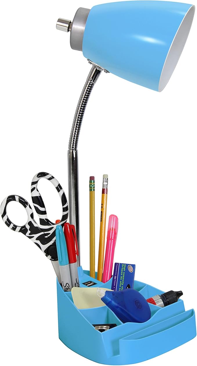 Simple Designs LD1056-BLU Gooseneck Organizer Desk Lamp with iPad/Tablet Stand or Book Holder and USB Port, Blue