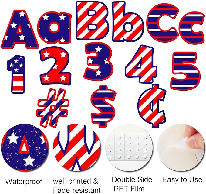 260 Pcs 4th of July Bulletin Board Letters for Classroom 4” Letters Combo Pack Set Patriotic Classroom Decorations American Flag 4th of July Alphabet Numbers Symbols Letters for Classroom Decor